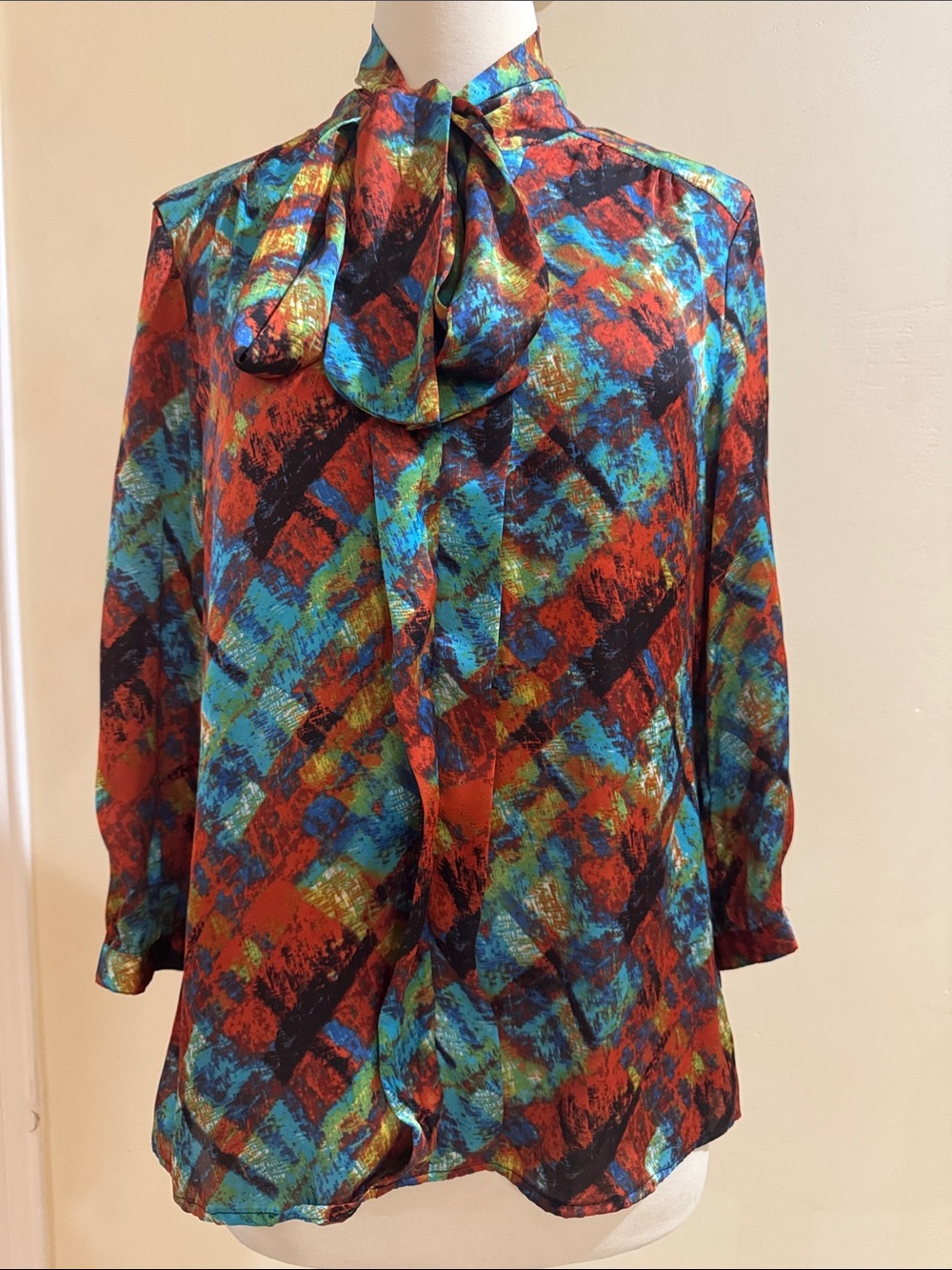Notations Multi-Color Abstract Tie-Neck Blouse